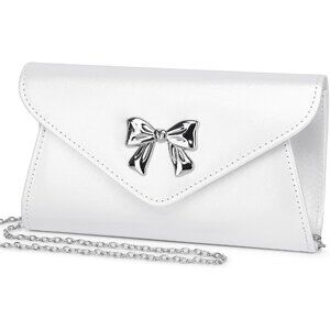 Elegant White PU Leather Evening Clutch with Bow & Detachable Chain